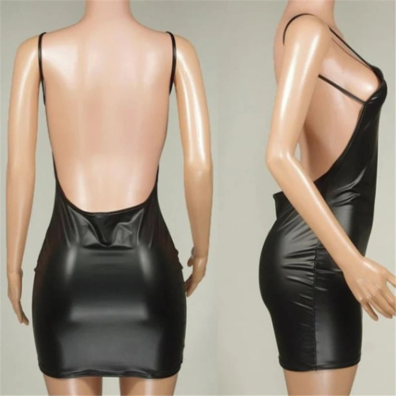 Sexy Faux Leather Dress Backless Club Party Short Dress Solid Black